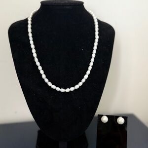 Real Pearl String Necklace with Pearl Studs - Off White
